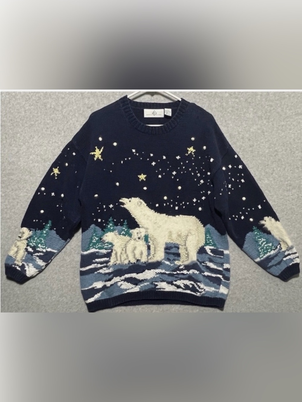 Design Options crewneck knit sweater Wintery scenic starry night & polar bears